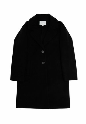 Schwarzer Wollmischmantel mit Reverskragen, dreiknopfiger Frontverschluss, zwei Seitentaschen und langen Ärmeln. Glatte Textur, minimalistisches Design.
