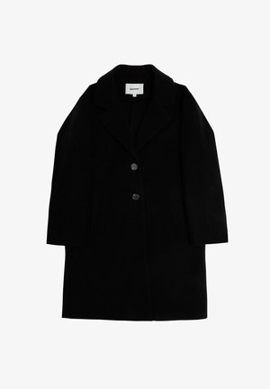 Zwarte wolblend jas met een notch-kraag, drie-knopen sluiting aan de voorkant, twee zijzakken en lange mouwen. Zachte textuur, minimalistisch ontwerp.