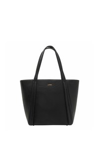 Sac fourre-tout en cuir noir avec surface texturée, deux longues poignées, côtés effilés et un logo doré sur le devant. Design minimaliste.