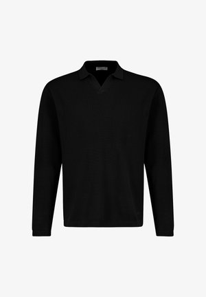 Schwarzer Langarm-Polo-Pullover aus strukturiertem Stoff mit V-Ausschnitt und geripptem Saum. Schlichtes Design ohne Muster oder Akzente.