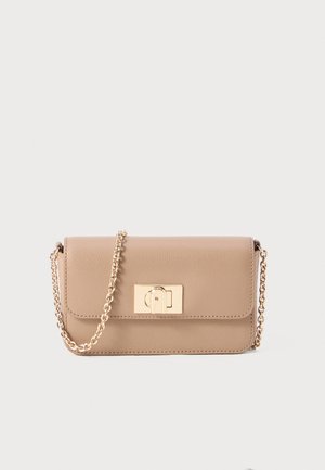 Beige faux leather crossbody bag with gold hardware, chain strap, rectangular shape, and flap closure. Smooth texture, minimalist design.
