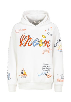 Weißer Hoodie mit buntem Text und nautischen Motiven, darunter Boote, Vögel und Wellen. Weiches Material mit lockerem Schnitt.