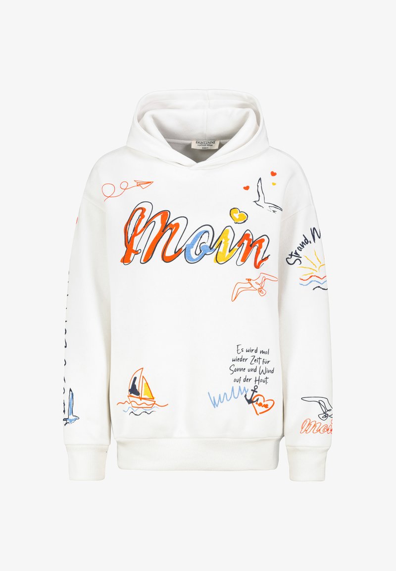 Weißer Hoodie mit buntem Text und nautischen Motiven, darunter Boote, Vögel und Wellen. Weiches Material mit lockerem Schnitt.