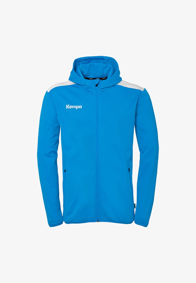 Blå hættejakke med kontrastfarvet hvid skulderdesign, udstyret med en frontlynlås, hætte og to sidelommer. Kempa-logo på brystet.