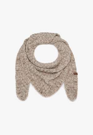 Beige and white knitted triangular scarf with textured pattern, folded into a loop, with a small brown label on one side.