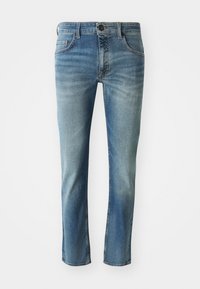 Lichtblauwe denim jeans met een rechte snit, licht vervaagde benen, vijf-pocket ontwerp en een knoopsluiting bij de taille.