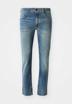 Hellblaue Jeans aus Denim mit geradem Schnitt, leicht ausgewaschenen Beinen, Fünf-Taschen-Design und einem Knopfverschluss an der Taille.