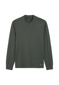 Dunkelgrünes Langarmshirt mit Rundhalsausschnitt, gerippten Bündchen und einem kleinen Markenlabel nahe dem Saum auf einem schlichten weißen Hintergrund.