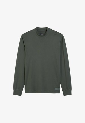 Ciemnozielona, długosleeve'owa koszula z okrągłym dekoltem, z żebrowanymi mankietami oraz małą etykietą marki blisko dolnego brzegu, na białym tle.