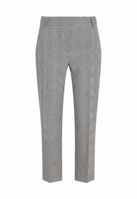 Šedé a černé kostkované kalhoty s přizpůsobeným střihem, s plochým předním dílem, bočními kapsami a hladkou texturou. Zkrácená délka.