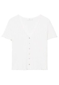 White ribbed short-sleeve button-up top with V-neck and scalloped edges along the sleeves and hem.