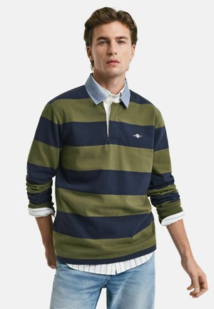 Gestreepte langemouwen polo in marineblauw en olijfgroen, met een kraag, een knopenlijst aan de voorkant en een geborduurd logo op de borst.