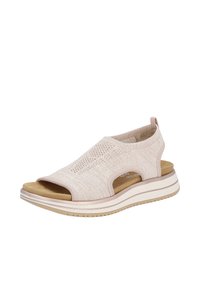 Open-toe sandal in light pink knit material with cushioning. Features a wedge sole, detailed elastic openings, and subtle tonal stripes.