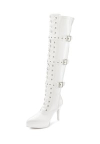 White patent thigh-high boot with lace-up front, silver hardware, and three adjustable buckle straps. Features pointed toe and stiletto heel.