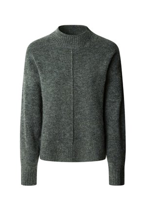 Grå sweater lavet af blødt, struktureret stof, med høj halsudskæring, faldende ærmer og en central sømdetaille på fronten.