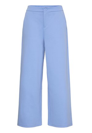 Light blue wide-leg trousers made of soft fabric, featuring a button closure, elastic waistband, and side pockets for functionality.