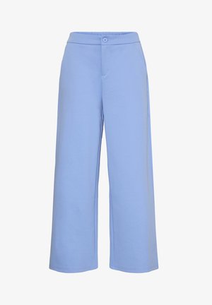Pantalon bleu clair à jambes larges en tissu doux, avec fermeture à boutons, ceinture élastique et poches latérales pour plus de fonctionnalité.