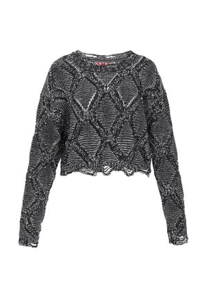 Gekürzter Pullover in Schwarz und Weiß mit einem strukturierten Diamantmuster, langen Ärmeln und einem rohen Saum. Aus gestricktem Stoff gefertigt.