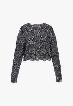 Skrócony sweter w czerni i bieli z teksturowanym wzorem diamentowym, z długimi rękawami i surowym wykończeniem. Wykonany z dzianiny.