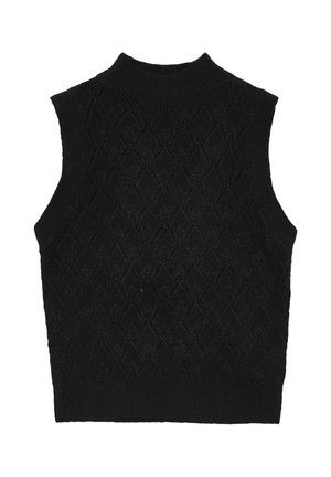 Black sleeveless sweater with a high neck, featuring a textured diamond pattern and ribbed edges. Knit material with a smooth finish.