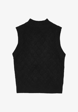 Black sleeveless sweater with a high neck, featuring a textured diamond pattern and ribbed edges. Knit material with a smooth finish.