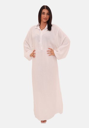 Witte, lange maxi-jurk met lange mouwen van gestructureerde stof, met een knoopsluiting aan de voorkant, een ontspannen pasvorm en brede mouwen. Glad zoom.