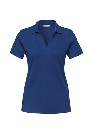 Blaues Poloshirt mit kurzen Ärmeln, Kragen und V-Ausschnitt, taillierte Passform, aus glattem Stoff.