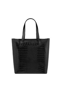 Borsa tote nera in pelle con stampa a forma di coccodrillo, con due manici superiori, forma rettangolare, texture lucida e bordi senza cuciture. Nessun hardware o dettaglio visibile.