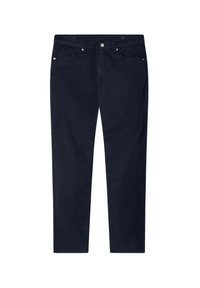 Pantalones oscuros de tela suave, con cinco bolsillos, cintura estándar y diseño de pierna recta. Cierre de botón metálico.