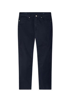 Pantaloni scuri in navy realizzati in tessuto morbido, con cinque tasche, vita standard e design a gamba dritta. Chiusura con bottone metallico.