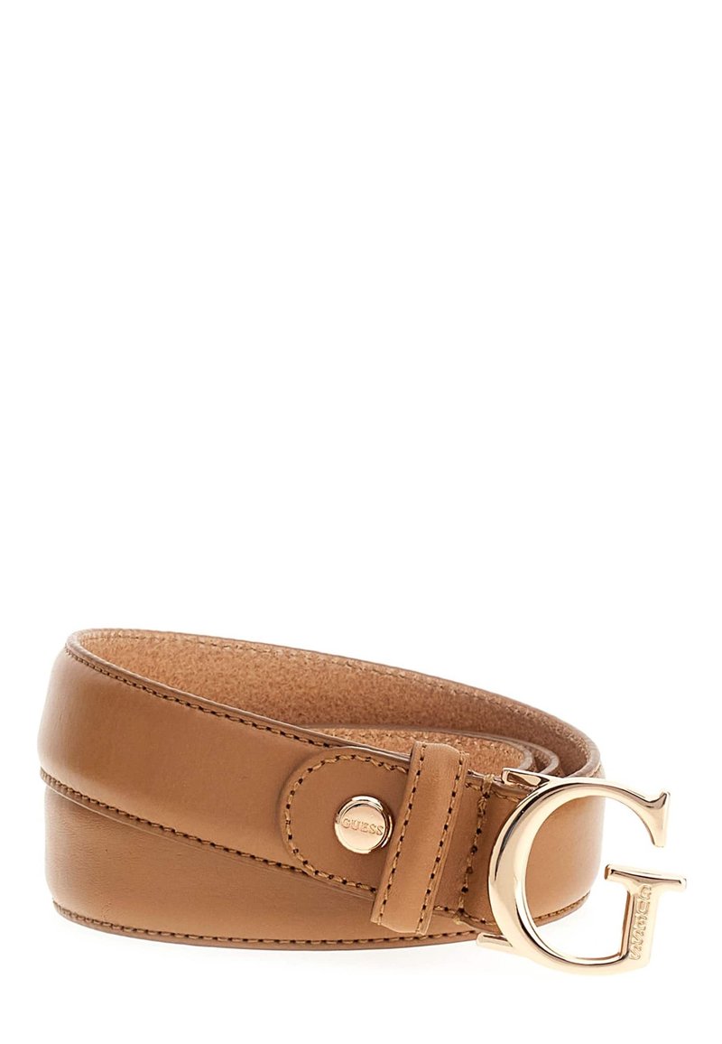 Tan leather belt with a gold G-shaped buckle and a snap stud. Features a smooth texture and a rolled design for a modern look.
