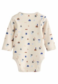 Bodysuit z dolgimi rokavi iz mehke bež tkanine z geometrijskimi vzorci v modrih, rjavih in sivih odtenkih. Izrez in odprtine za noge sta tesna.