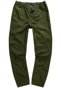 Pantalones verde oliva de algodón, con cintura elástica, detalle de cordón y dos bolsillos laterales con una textura suave.