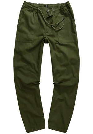 Pantalones verde oliva de algodón, con cintura elástica, detalle de cordón y dos bolsillos laterales con una textura suave.