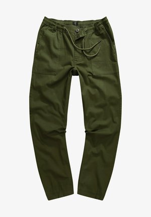 Pantaloni verde oliva in cotone, con vita elasticizzata, dettagli con cordino e due tasche laterali, realizzati in un tessuto morbido.