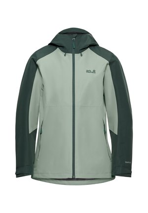 Hellgrüne wasserdichte Jacke mit dunkelgrünen Akzenten, durchgehendem Reißverschluss, verstellbarer Kapuze und Seitentaschen. Weiche Textur, atmungsaktiver Stoff.