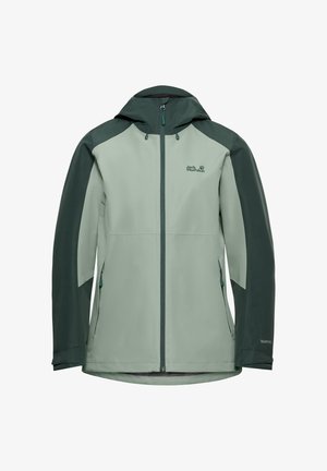 Hellgrüne wasserdichte Jacke mit dunkelgrünen Akzenten, durchgehendem Reißverschluss, verstellbarer Kapuze und Seitentaschen. Weiche Textur, atmungsaktiver Stoff.