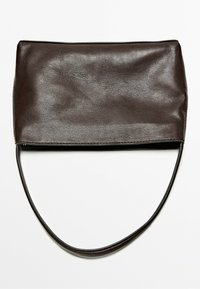 Simple dark brown leather handbag with a thin strap, rectangular shape, and soft texture on a white background.