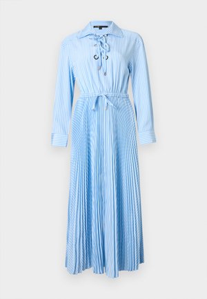Robe midi à manches longues avec rayures verticales bleu clair et blanches, col, encolure à lacets, taille cintrée et jupe plissée.