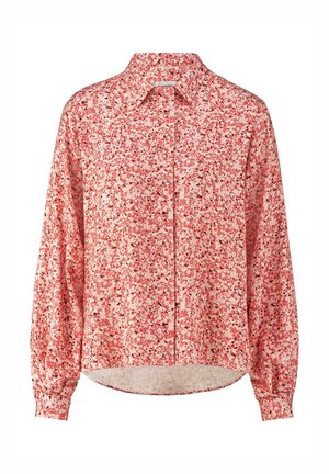 Rotes blumiges Hemd mit Knöpfen, langen Ärmeln, Kragen und abgerundetem Saum. Aus leichtem, strukturiertem Stoff mit einem verstreuten Druck gefertigt.