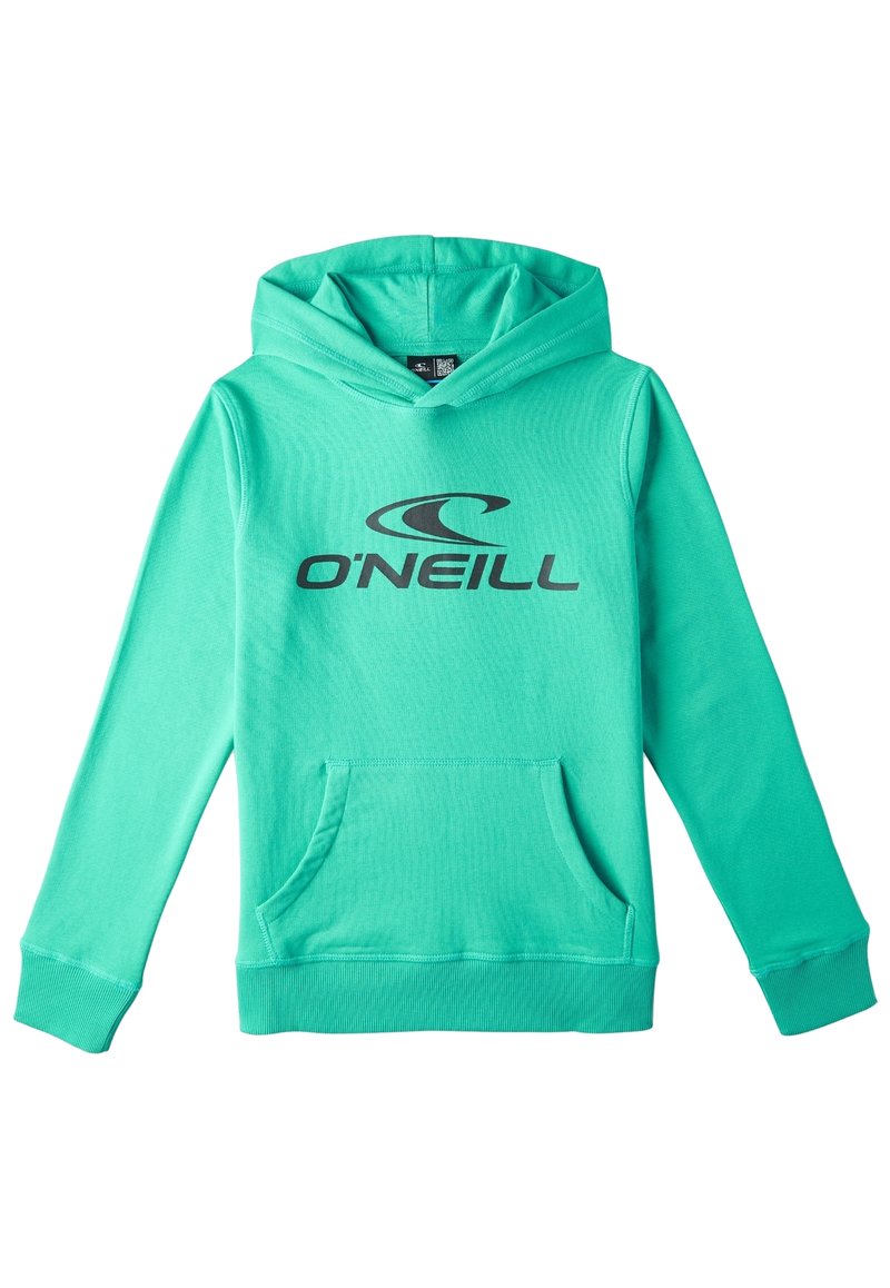 Grüne Kapuzenjacke aus weichem Material, mit einer kängurutasche vorne, langen Ärmeln und dem "O'Neill"-Logo in Schwarz auf der Brust.