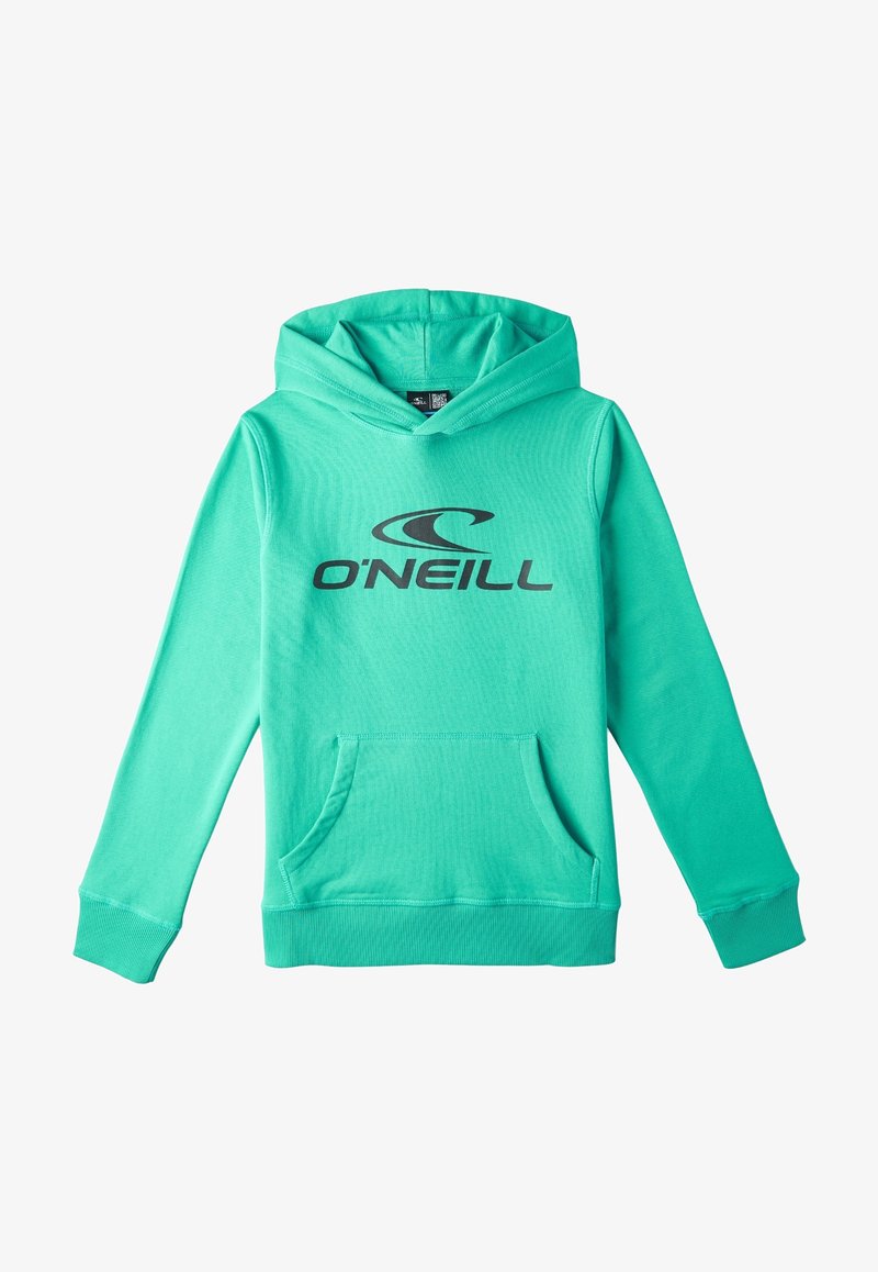 Haut à capuche vert en tissu doux, doté d'une poche kangourou à l'avant, de manches longues et du logo "O'Neill" en noir sur la poitrine.