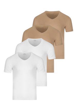 Due magliette a maniche corte a V, due beige e due bianche, impilate a colori alternati su uno sfondo bianco.