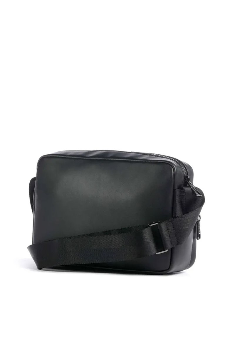 Black rectangular crossbody bag with smooth texture and adjustable wide strap, zippered main compartment, on white background.