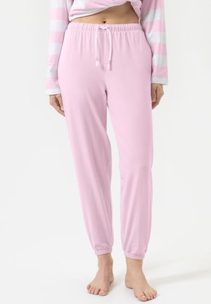 Zachtroze joggingsbroek van zachte stof met een elastische tailleband, verstelbare trekkoord en ribgebreide boorden bij de enkels.