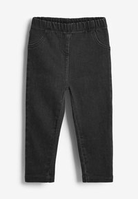 Pantalon en denim noir avec une taille élastique, coupe fuselée, deux poches avant et des détails de couture visibles.
