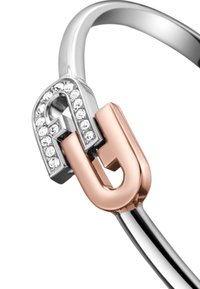 Hõbe- ja roosa kullast käevõru, millel on U-kujulise lukuga lihtne disain, millel on selged rhinestones. Sile metallviimistlus poleeritud tekstuuriga ja minimalistliku disainiga.