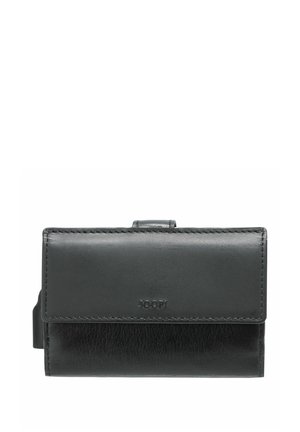Cartera de cuero negra rectangular con cierre de solapa y logo JOOP! en relieve centrado en el frente.
