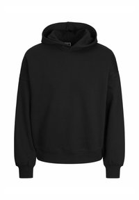 Black hoodie made from soft fabric, featuring a drawstring hood, long sleeves, and ribbed cuffs and hem. Simple design without patterns.