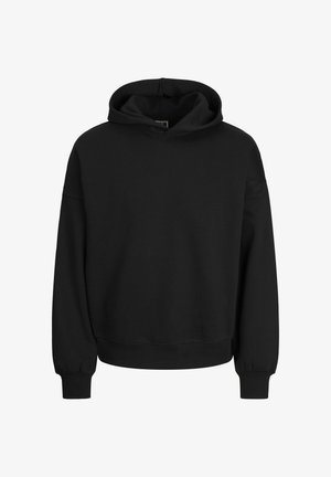 Fekete kapucnis pulóver puha anyagból, állítható kapucnival, hosszú ujjakkal, bordázott mandzsettákkal és alsó résszel. Egyszerű, mintás dizájn nélkül.